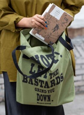 12xx别让混蛋打垮你帆布包女文艺复古通勤托特包绿色大容量单肩包