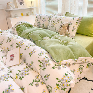 宝吉熊牛奶绒床上四件套法兰珊瑚绒双面加厚被套冬季床单三件套