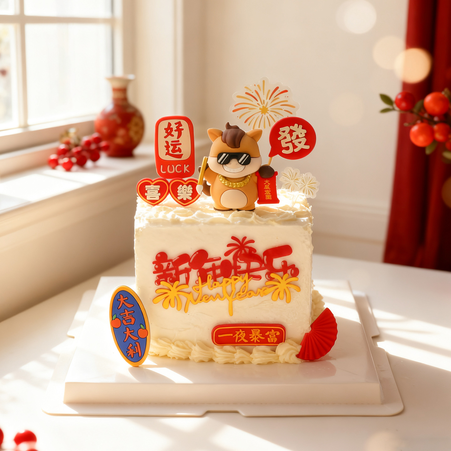 大展宏图新年墨镜小马玩偶摆件