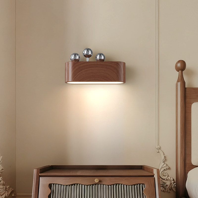 中古风现代简约LED胡桃木纹壁灯卧室床头灯具创意装饰球艺术灯具