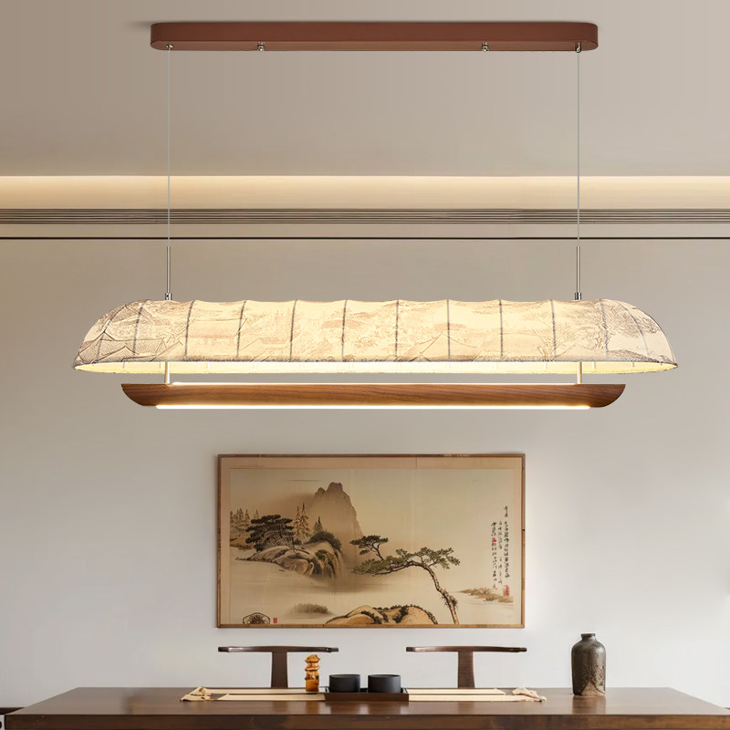 新中式餐厅吊灯2026年新款中古风禅意茶室吧台灯复古布艺中山灯具