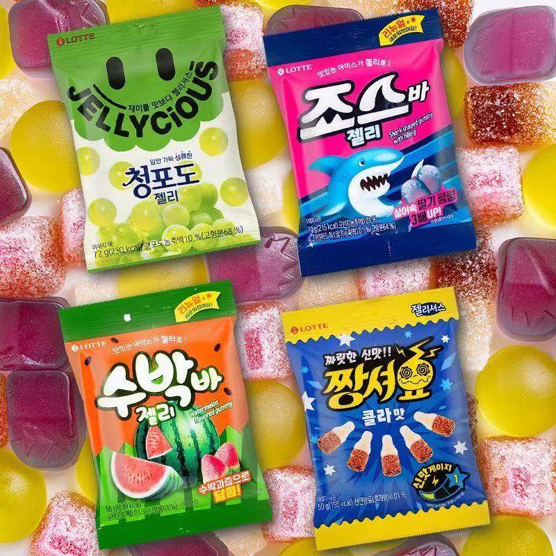 4包韩国乐天水果西瓜可乐青葡萄味软糖鲨鱼形糖果儿童QQ夹心糖果