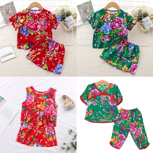 春夏季东北大花布夏季男女童短袖长裤薄款套装宝宝居家服装亲子装