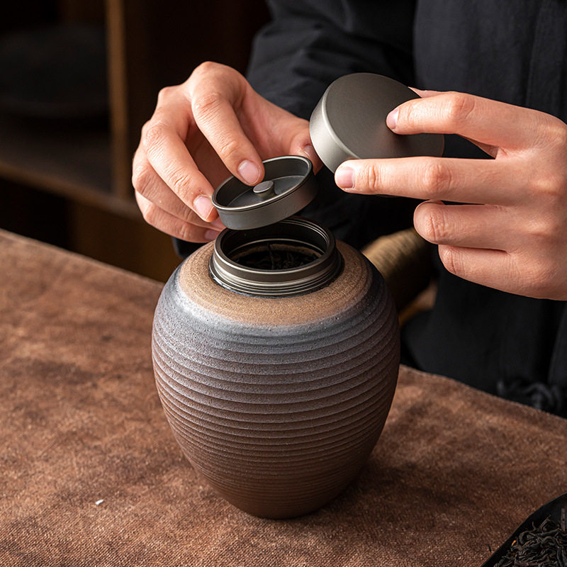 古早烧粗陶锡盖茶叶罐复古铁锈釉密封陶瓷仿柴烧储蓄罐密封罐