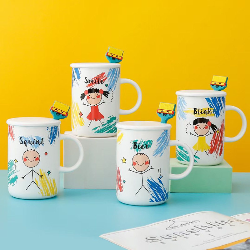 粉刷少年可爱陶瓷水杯子情侣创意大容量马克杯带盖咖啡杯