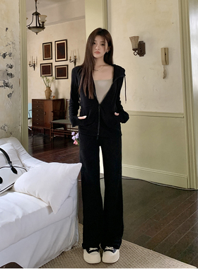 实拍2024秋冬新款德绒套装连帽卫衣外套休闲长裤女慵懒实穿两件套