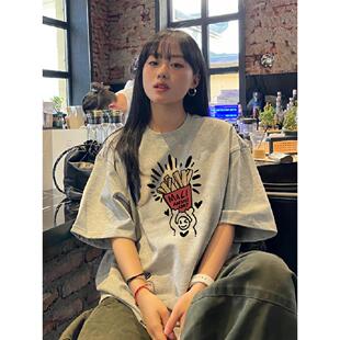 重磅精梳纯棉230克新款 T恤女 bm港味宽松百搭上衣chic卡通印花短袖