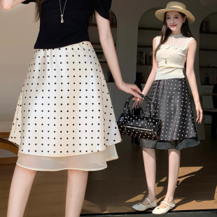 2026年春款通勤风缎面波点半身裙女修身显瘦A字拼纱裙百搭休闲裙