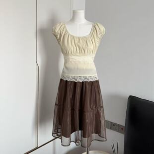 孔真烦呐泰式 巨好看显瘦裙子 奶茶网纱拼接棕色半身裙女新款