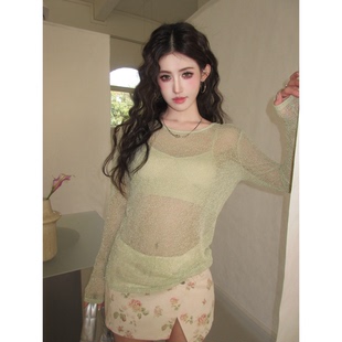 实拍实价夏季辣妹斜肩微透防晒罩衫配吊带宽松圆领显瘦长袖两件套