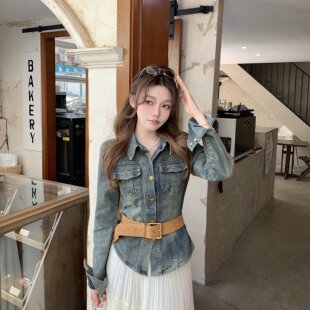 春季 已出货 复古牛仔收腰外套女装 套装 宽松垂感半身裙两件套 时尚