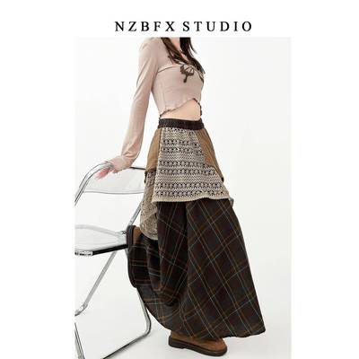 大码胖mm日系复古半身裙女2024冬季不规则微胖格子蕾丝拼接长裙子