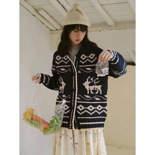 一方二集 藏青新色粗棒针麋鹿提花全羊毛针织开衫加厚大毛衣外套