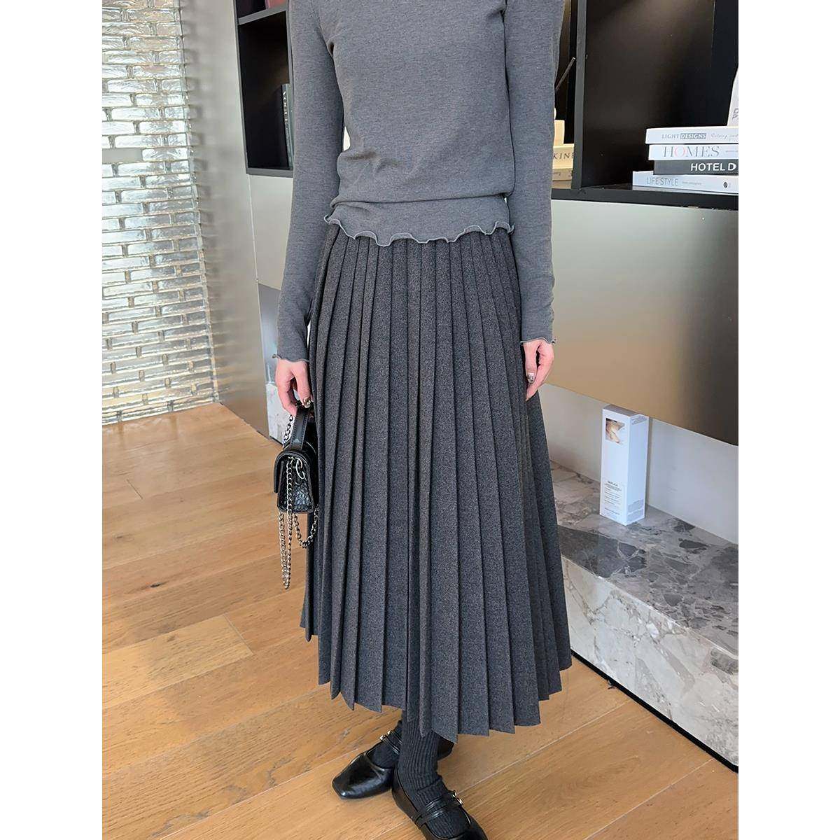 2025春夏新款百褶裙半身裙女小个子灰色裙子百搭a字裙黑色中长裙