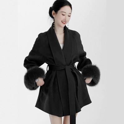 黑色狐狸毛双面羊绒大衣女2025冬季新款气质短款小个子羊毛呢外套