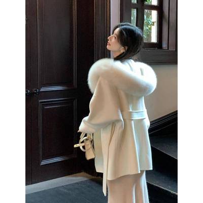 白色双面羊绒斗篷大衣女2025春秋新款高级感连帽狐狸毛羊毛呢外套