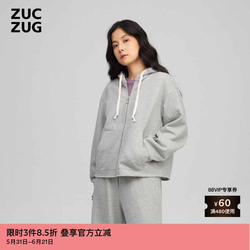 ZUCZUG 素然冬季女士抓绒羊毛毛圈布带帽拉链灰色卫衣