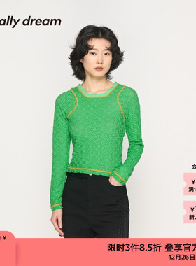 素然usually dream春夏女士休闲经典美式复古针织蕾丝边长袖T恤