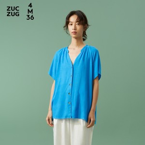 素然ZUCZUG 4M36早春女士天丝麻斜纹布古巴领休闲短袖衬衫