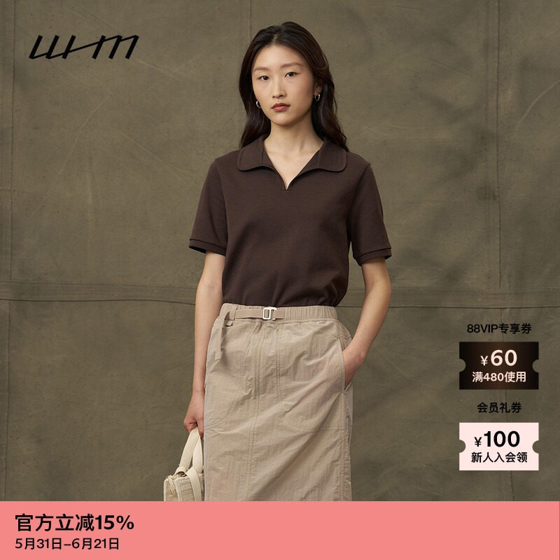 素然WHM 秋季女士气质复古柔软舒适针织布翻领短袖T恤