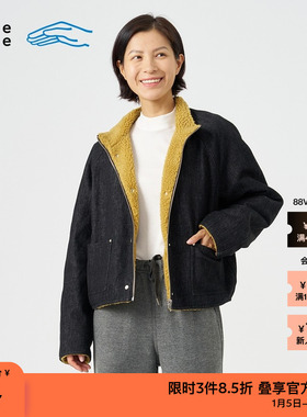 素然klee klee 秋季休闲气质经典羊羔毛拼接环保棉黑色牛仔夹克