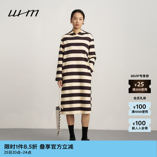 春夏女士显气质纹理针织布带帽黑色条纹连衣裙 素然WHM 新品