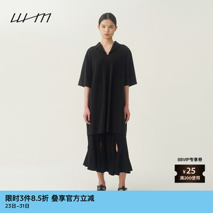 设计感垂感V领黑色连衣裙 女士气质花边翻领出街个性 素然WHM 夏季