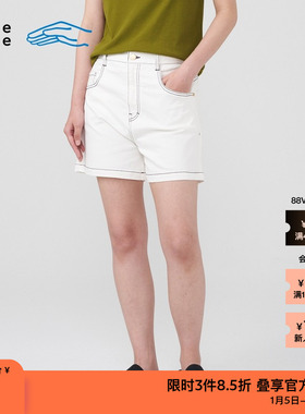 素然klee klee夏季女士经典宽松环保棉白牛仔高腰修身A型休闲短裤