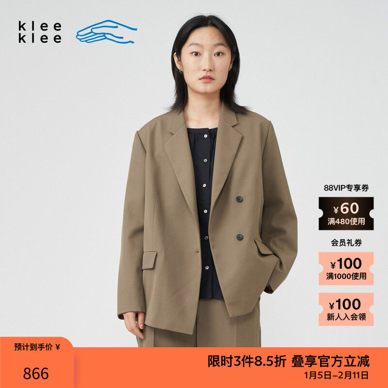 素然klee klee春季女士羊毛梭织布斜襟通勤休闲化正装西装外套