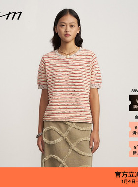 【新品】素然WHM 春季女士气质复古设计感彩条针织中袖上衣