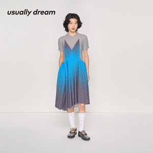 素然usually dream夏季女士气质休闲压褶拼接蕾丝波点印花连衣裙