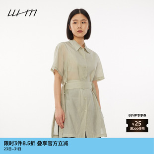 衬衫 素然WHM夏季 短袖 中长款 女士复古桑蚕丝水洗塔夫绸系腰修身