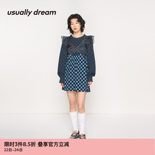 波点设计针织布长袖连衣裙