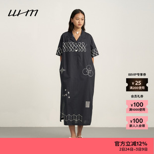 【新品】素然WHM 夏季女士复古气质设计感印花衬衫领短袖连衣裙