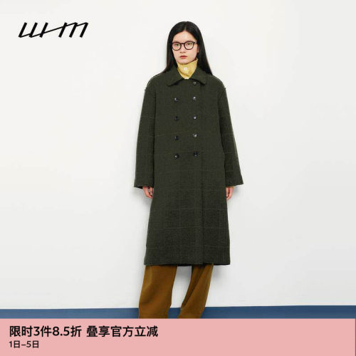 WHM复古羊毛针织呢双排扣长大衣