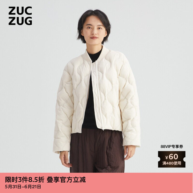 ZUCZUG 素然秋季女士保暖无胆防绒棒球领白色羽绒服
