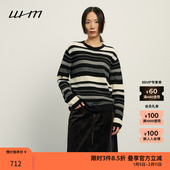 女士黑色横条纹毛圈针织圆领套头针织衫 素然WHM 秋季