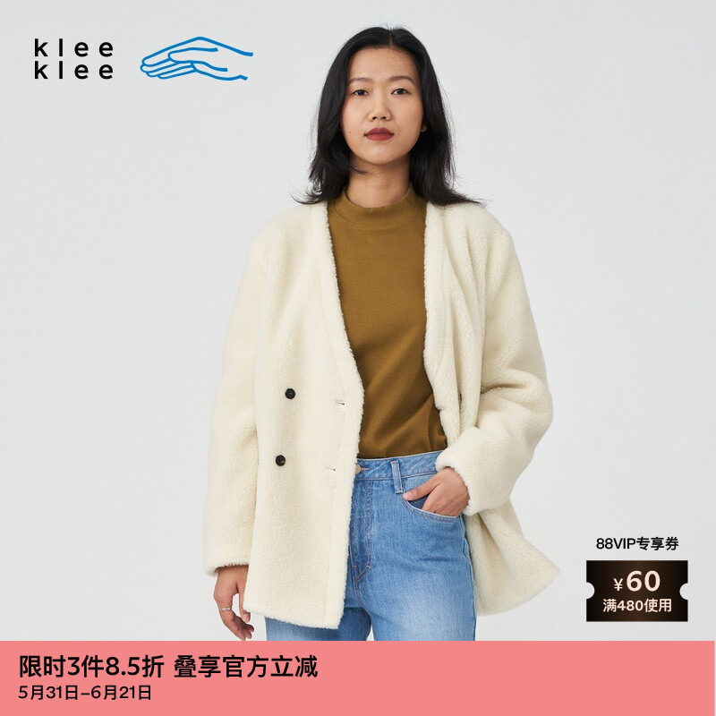 素然klee klee 女士休闲廓形原色羊羔毛无领双排扣外套