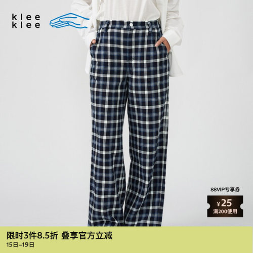 靛蓝染格子布日常百搭直筒裤