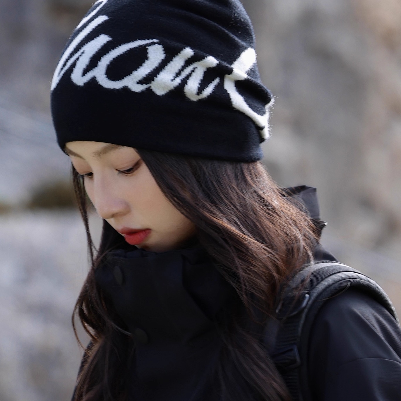 美式字母提花针织毛线帽