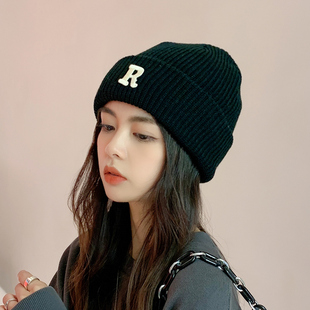 2022新款R字母毛线帽女秋冬季ins针织帽冷帽潮百搭休闲保暖帽子男