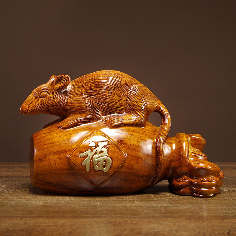 花梨木雕鼠摆件动物生肖家居客厅电视柜店铺办公室装饰实木工艺品