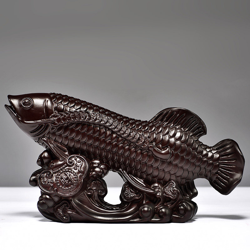 黑檀实木金龙鱼摆件木质年年有鱼雕刻鱼家居玄关办公摆设开业礼品