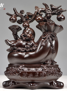 黑檀木质财运亨通摆件葫芦钱袋雕刻家居办公摆设开业红木工艺礼品