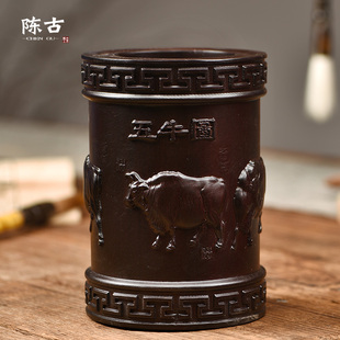 笔筒摆件黑檀实木质五牛图笔筒雕刻办公桌面书房摆设新中式送礼品