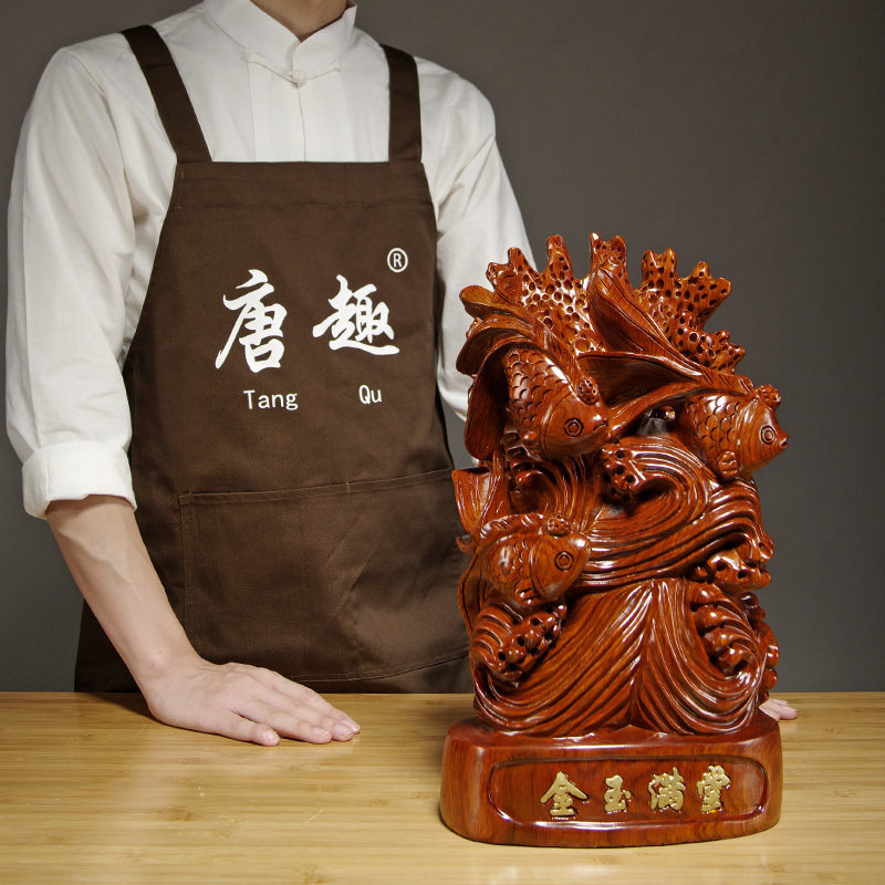 花梨木雕金玉满堂摆件实木质金鱼家居客厅玄关装饰红木雕刻工艺品
