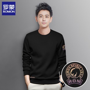 罗蒙卫衣男士圆领秋冬2025新款上衣圆领长袖冬装加绒保暖打底衫