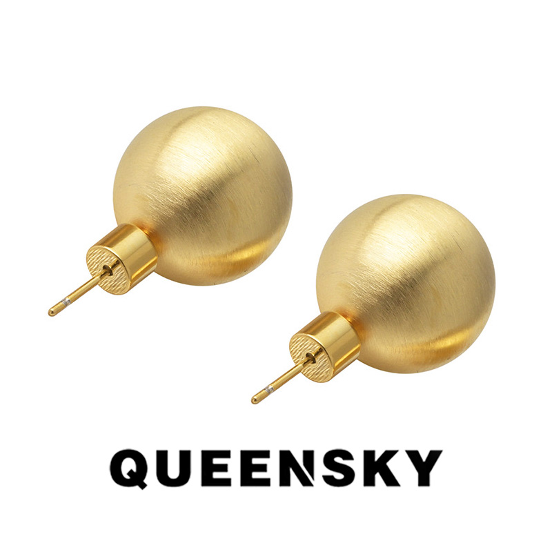 欧美风哑光拉丝金属圆球耳钉女气质磨砂925银针小众设计耳环耳饰