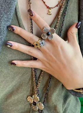 复古花朵镶嵌方形黑玛瑙编绳项链