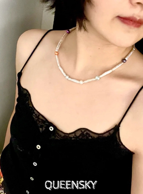 明星同款竹签珍珠玛瑙锁骨链男女